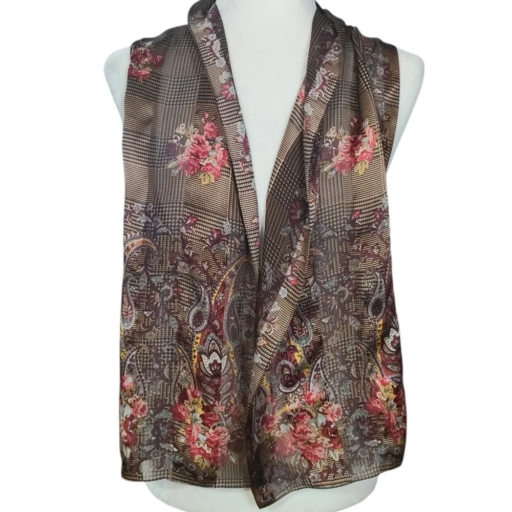 Lauren Ralph Lauren‎ 100% Silk Scarf Floral Paisley Brown Gold Rectangle Preppy
